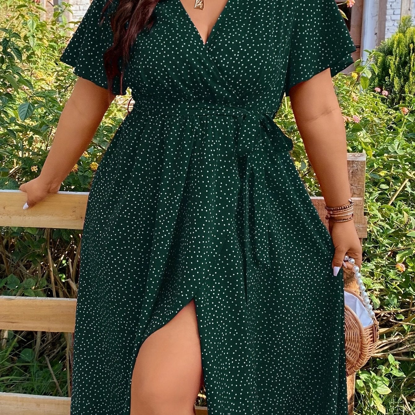 Plus size pin dot print belted dress for spring & summer in women's plus size.