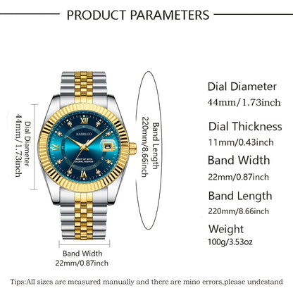 Elegant men's quartz watch with luminous date display, gold-tone stainless steel band, rhinestone detailing, and battery operation.