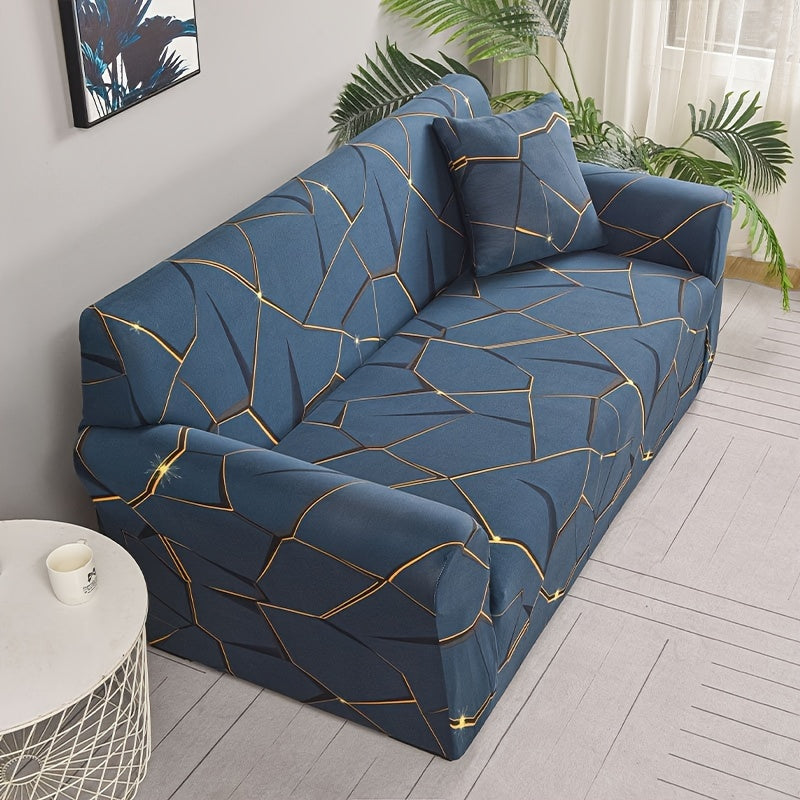 Modern geometric print sofa cover with golden accents, made of anti-dirty spandex blend. Fits 1/2/3/4-seater, L-shaped, and chaise lounges. Machine washable and perfect for living room decor.