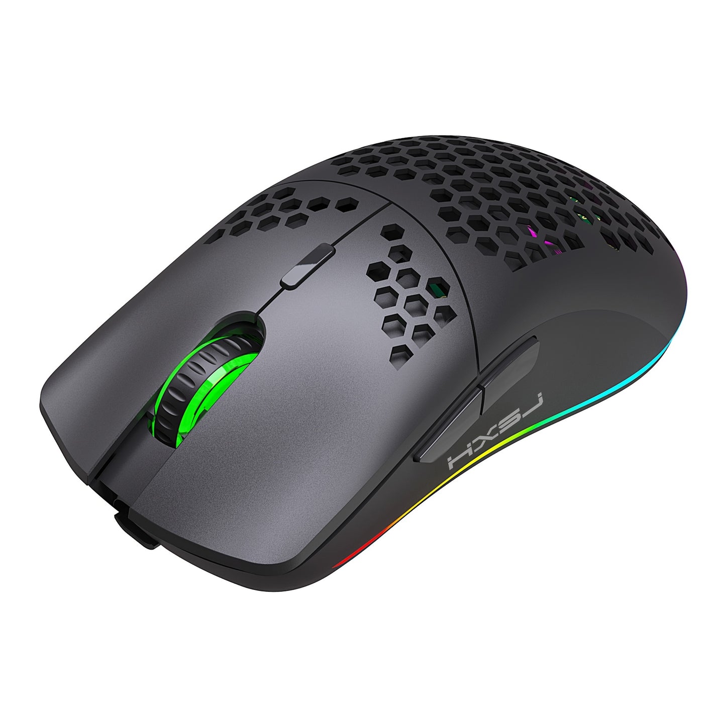 Wireless gaming mouse with RGB lighting, rechargeable, honeycomb design, USB plug & play, and right-handed comfort in white.