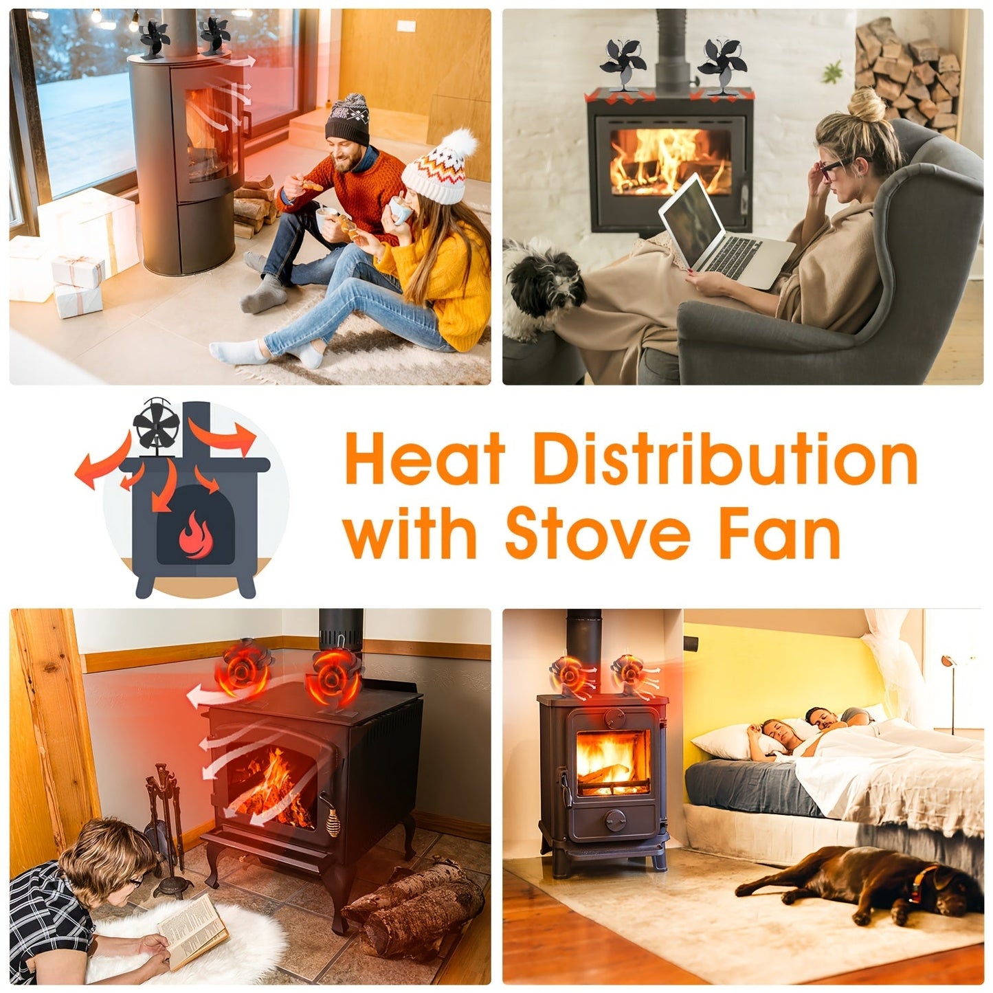 Wood Stove Fan - Noiseless Fireplace Fan with 5 Heat-Driven Blades - Fire-Powered, Heat-Resistant, Ideal for Wood-burning Stoves.