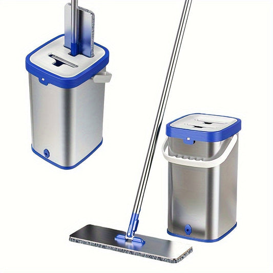 Stainless Steel Cleaning Mop Set with Bucket - Includes Hand-free Wash Flat Mop, Dust Removal Mop, Wet and Dry Cleaning for Tile, Marble, and Wooden Floors - Complete Cleaning Supplies and Tools