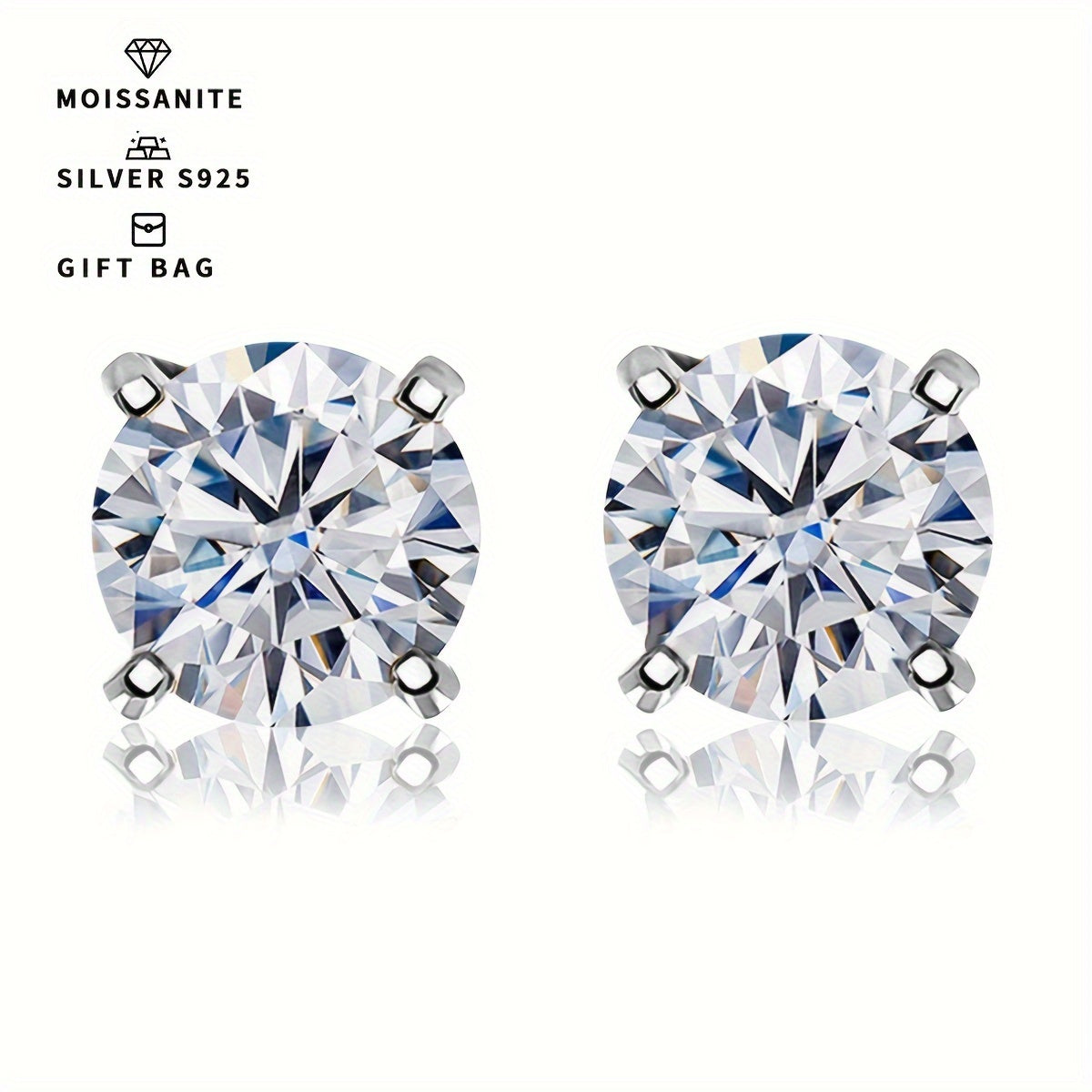 Elegant and fashionable women's jewelry - a pair of S925 silver earrings with platinum and gold plating, featuring round white moissanite stones in a simple 4-prong setting. Available in sizes ranging from 0.3CT to 3CT.