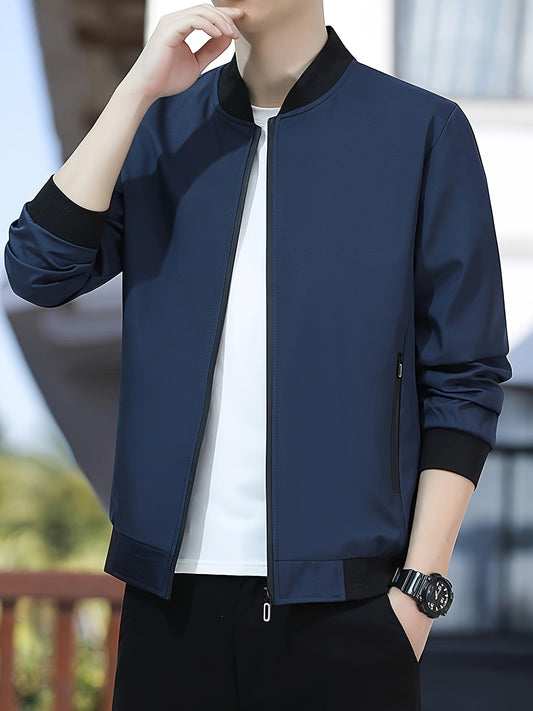 Long-sleeve, solid color men's jacket with small stand collar and zipper closure, perfect for outdoor activities.