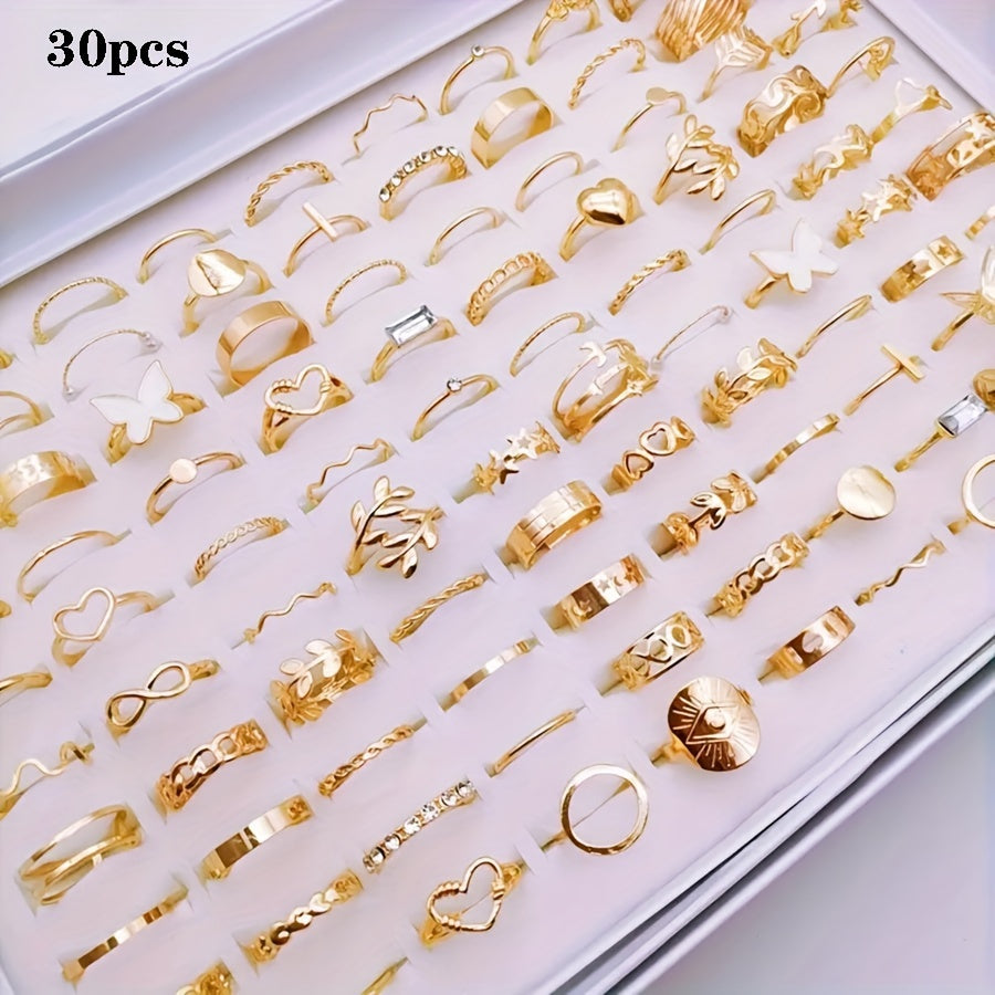 Pack of 30 simple butterfly love alloy rings for women, featuring an elegant and versatile mixed style. Perfect for party, wedding, or daily wear. Each set includes multiple pieces. Rings will be randomly shipped in OPP bag packaging.