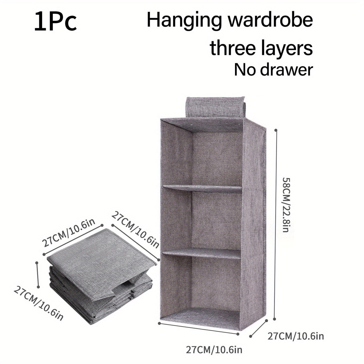 This durable gray storage solution is a 4-tier foldable hanging clothes organizer with sturdy handles. It is ideal for wardrobes and bedrooms, perfect for storing clothing, blankets, and quilts. The space-saving design makes it a convenient addition to