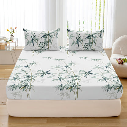 Set of 3 Plant Printed Fitted Sheets - Luxuriously Soft and Breathable Bedding for Bedroom and Guest Room, including 1 Fitted Sheet and 2 Pillowcases.