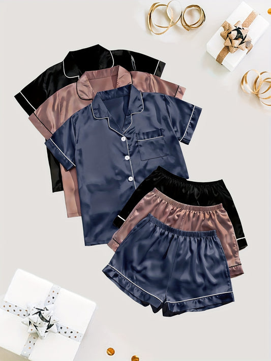 Solid satin pajamas with short sleeve button top and elastic shorts for women's sleepwear.