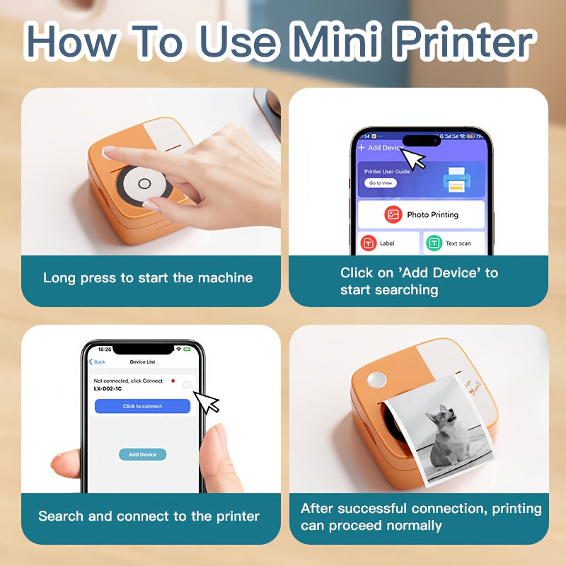 DOLEWA Portable Mini Printer - Inkless Thermal Printing, Wireless Connectivity for iOS & Android, Rechargeable Battery, Includes Paper Rolls, USB Charging, Compact Design in Pink/White.