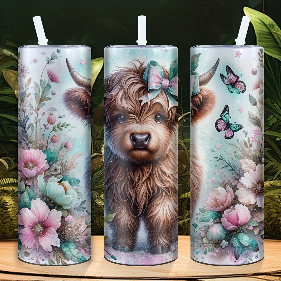 20oz Highland Cow and Floral Themed Stainless Steel Tumbler, perfect for Mother's Day, Father's Day, Birthdays, and Parties - Hand wash only, PVC free (1 Pack).