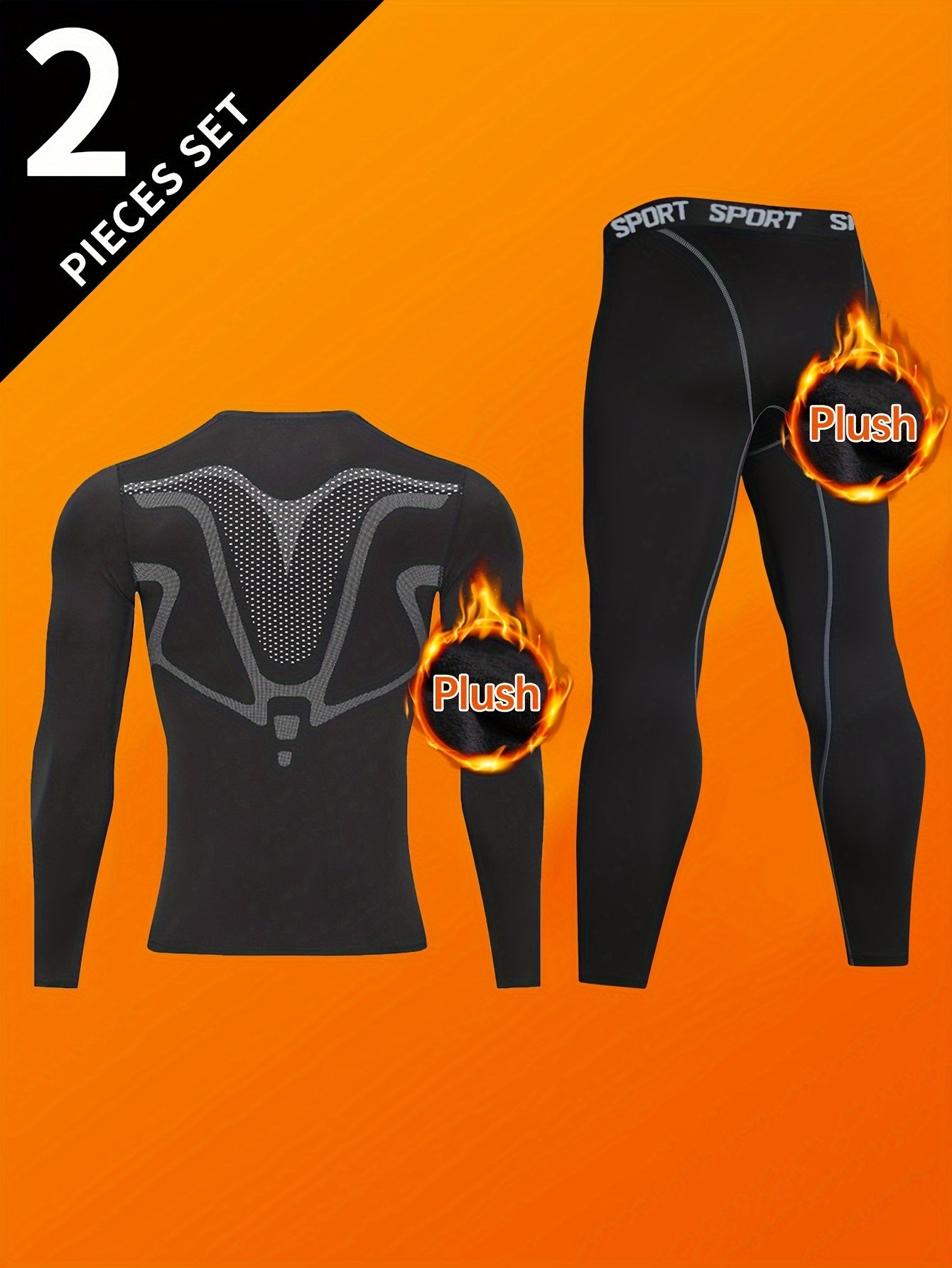 Men's thermal fleece compression shirt and leggings set, ideal for winter sports and outdoor activities, featuring a round neck long sleeve top and tight-fit pants.