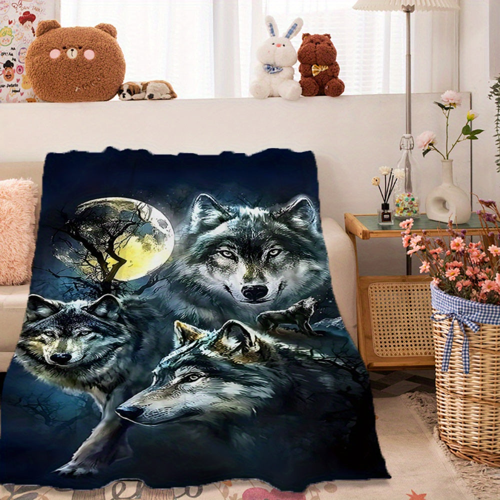 Soft and cozy Contemporary Wolves in Moonlight Design Flannel Fleece Throw Blanket, perfect for use on sofa, in the office, bed, camping, or while traveling. This multipurpose holiday gift nap blanket is made of knitted polyester, machine washable, and