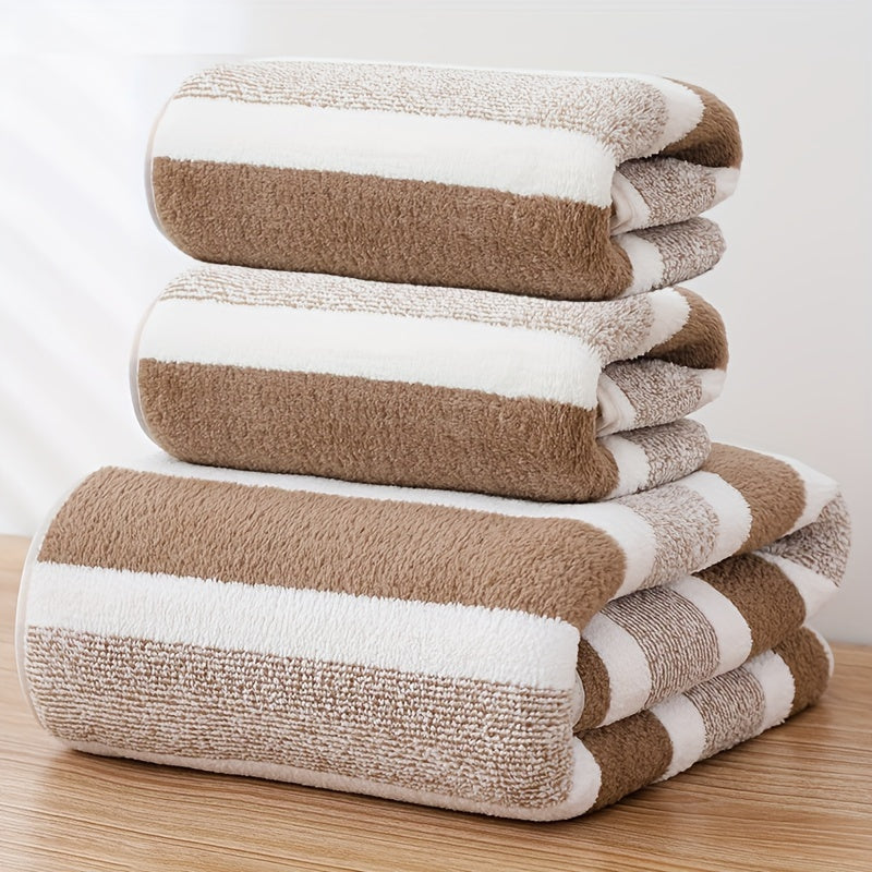 3-piece striped towel set includes 1 bath towel and 2 hand towels. Soft, absorbent, and quick-drying for the bathroom.