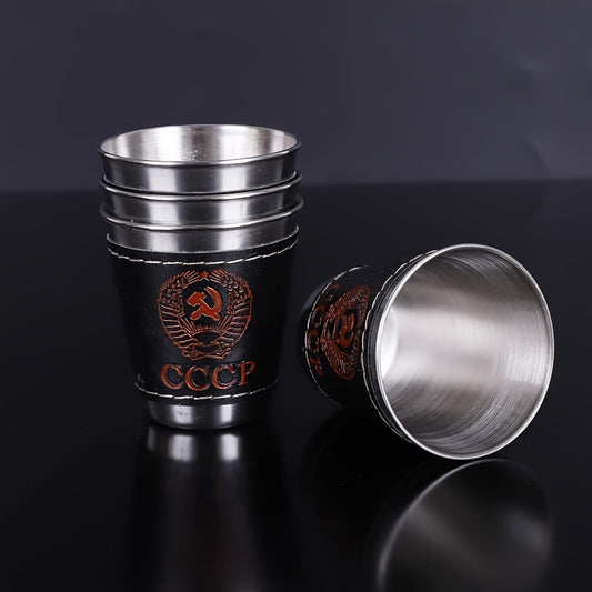 Set of 4 70ml stainless steel camping cups with faux leather carry bag CoSenNo_GRANTEDville_FL