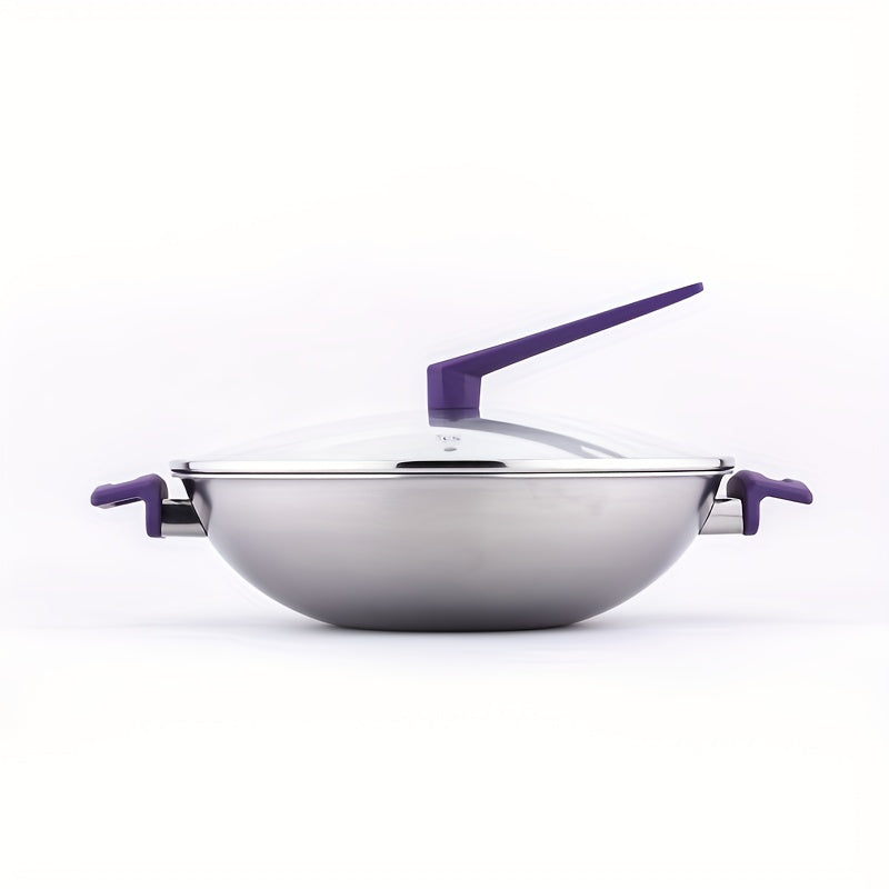 One piece of 35.56 cm stainless steel wok with a glass lid, featuring a large capacity and suitable for all stove types. Ideal for stir fry cooking.