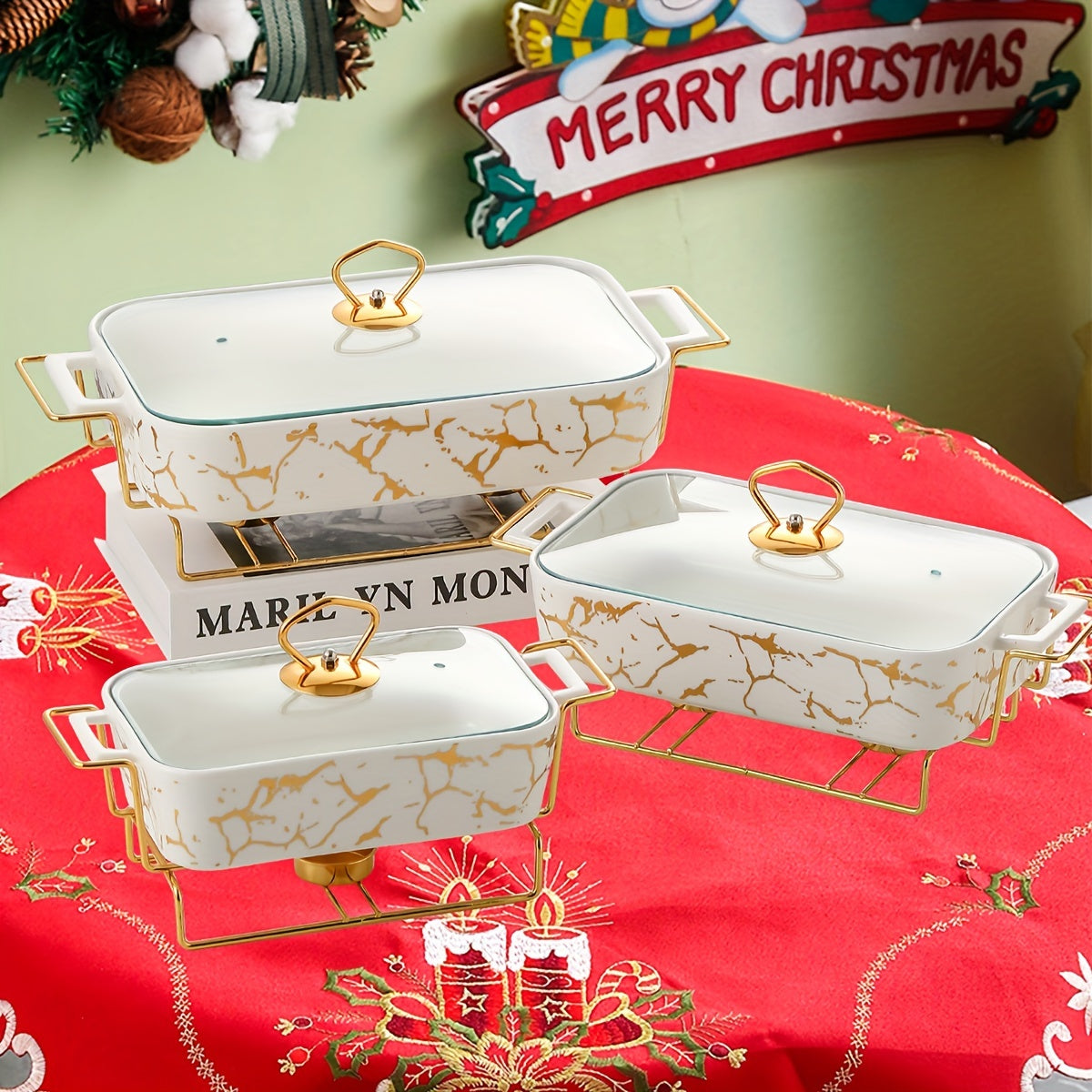 Joyful Table Setting: Festive Ceramic Dinnerware Set for Christmas - Comes with Soup and Griddle Pots, Iron Stand, and Serving Plates Perfect for Holiday Parties.