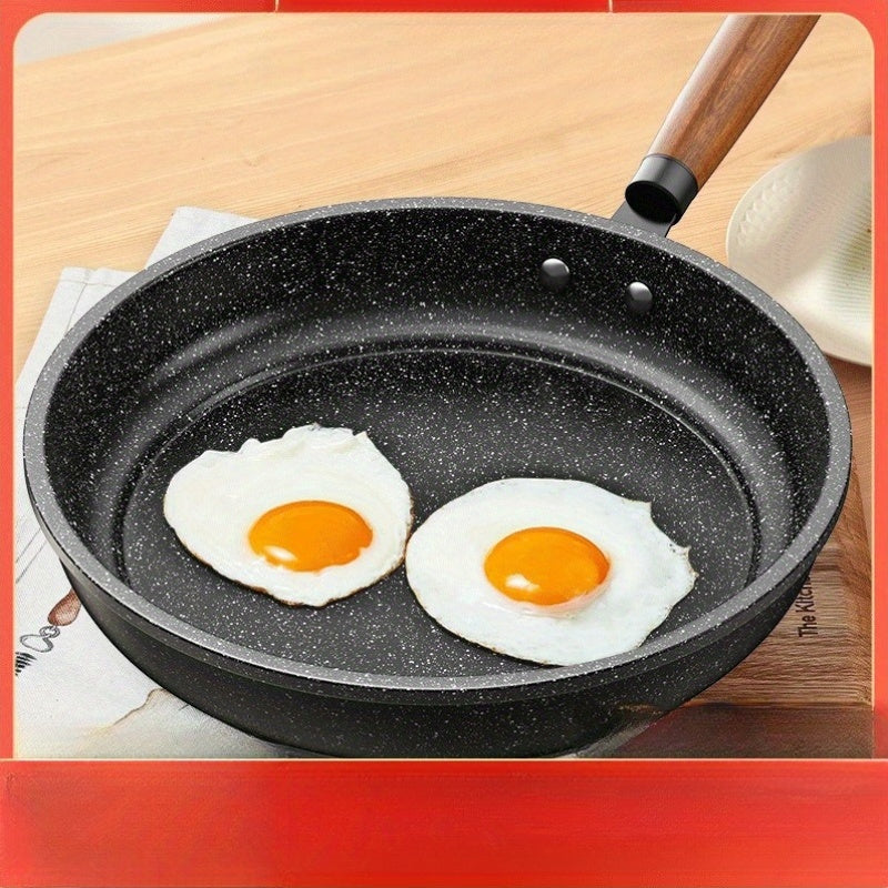 Wooden Handle Non-Stick Frying Pan, Flat Bottom Skillet Ideal for Pancakes and Eggs, Low Smoke, Suitable for Gas Stove and Induction Cooker