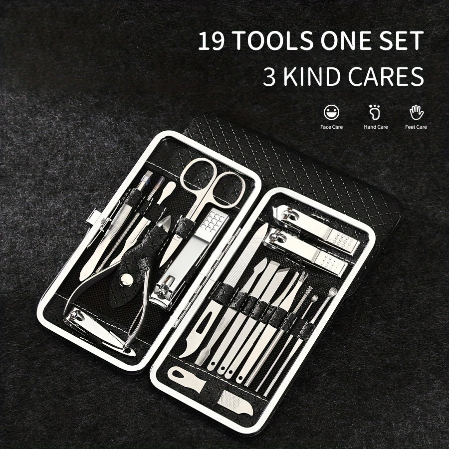 Stainless Steel Manicure Set with 19 Tools for Foot Care.