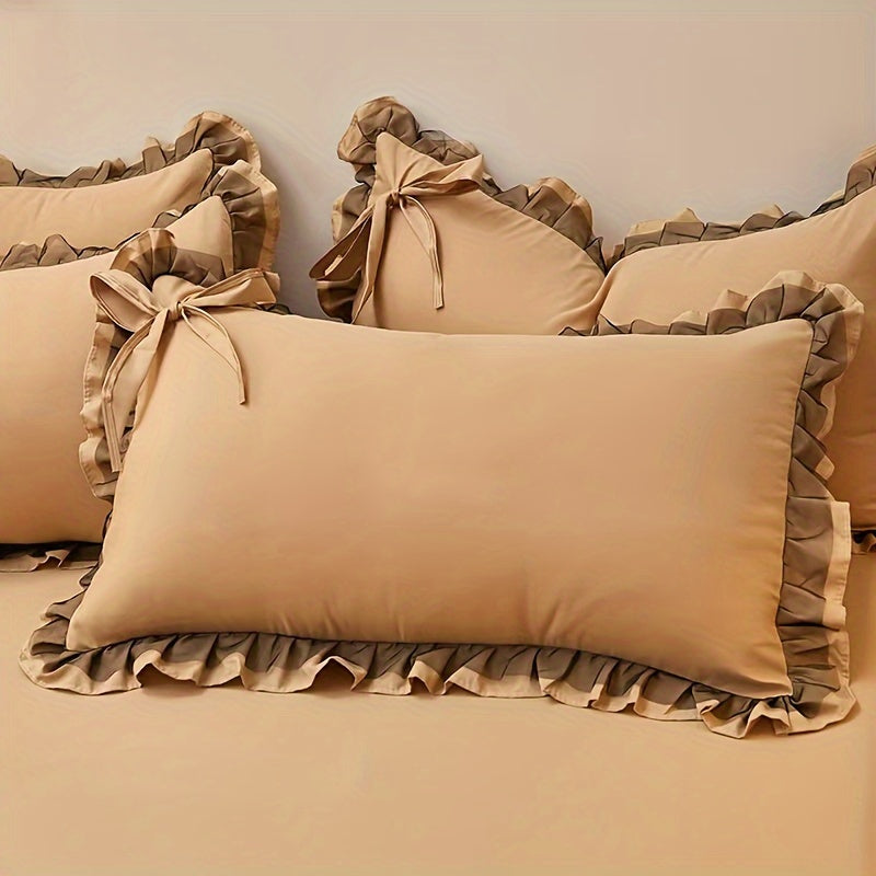 Single soft solid color brushed envelope pillowcase with lotus leaf lace, suitable for living room sofa or bedroom. Includes 1 piece of pillow cover.