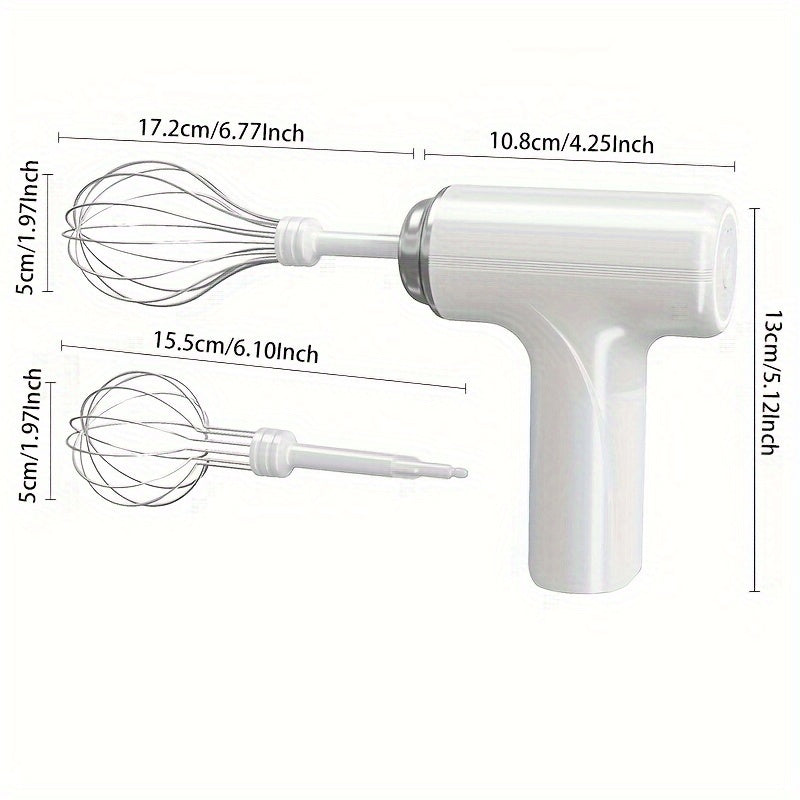 Battery-powered hand mixer with stainless steel whisk, 1050 RPM motor, and 800mAh rechargeable lithium battery, ideal for baking and cooking.