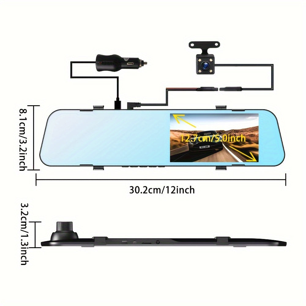 5-inch screen dash camera for cars with front and back recording, loop recording, and wireless capabilities. Mirror dash cam with DVR.