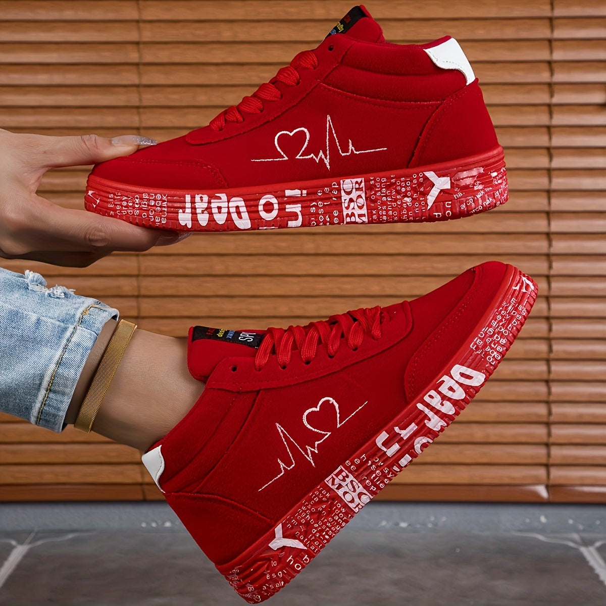 Women's high-top sneakers in red with a white heart and "I Love You" print, featuring a thick EVA sole for lightweight comfort. Made for casual travel with a lace-up design and all-season