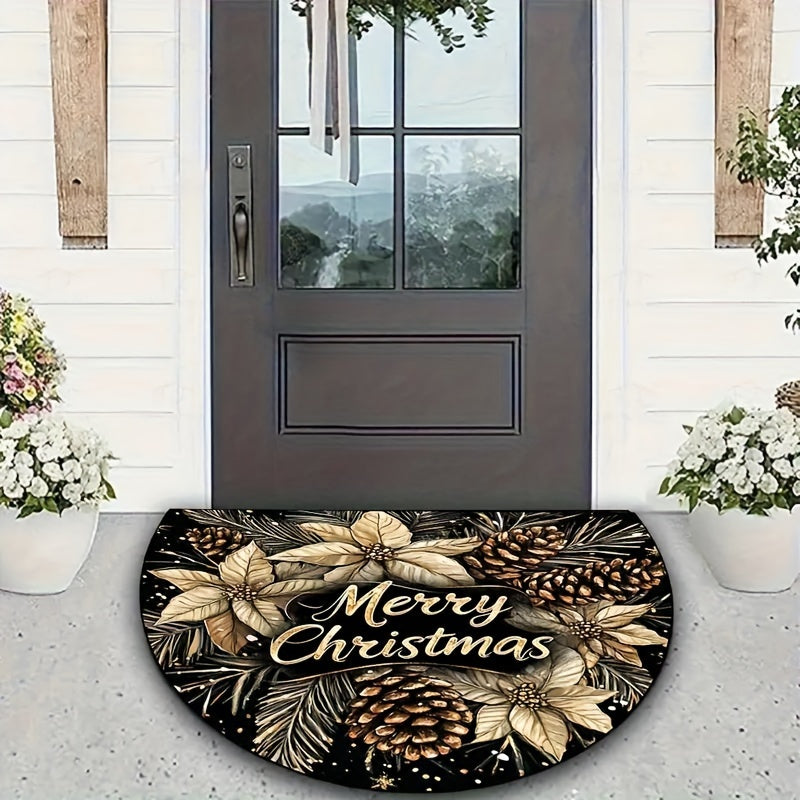 Get into the holiday spirit with our Christmas Cheer Semi-Circle Doormat featuring a festive Golden Pinecone & Jewelry Design. This non-slip, machine washable polyester rug is perfect for your living room, bedroom, game room, or cafe entrance. Add a