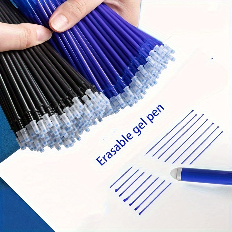 Set of 100 erasable gel pen refills with 0.5mm blue and black ink, washable handle for comfortable writing.