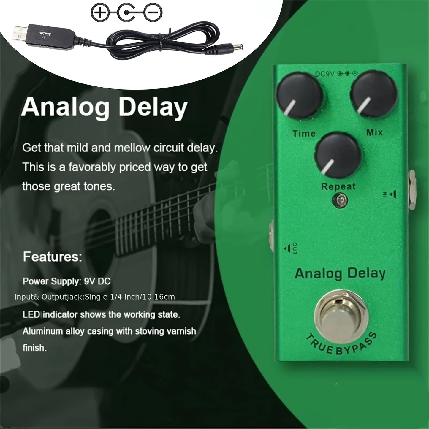 Mini electric guitar pedal with classic overload metal distortion, analog and digital delay effects. Operates on DC 9V power. Eid Al-Adha Mubarak.