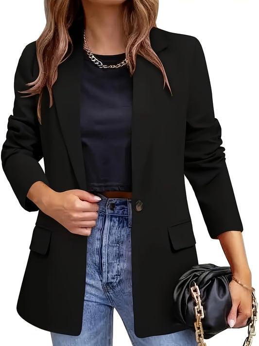 Plus size solid blazer with single-breasted closure, long sleeves, ideal for office and work attire in women's plus size.