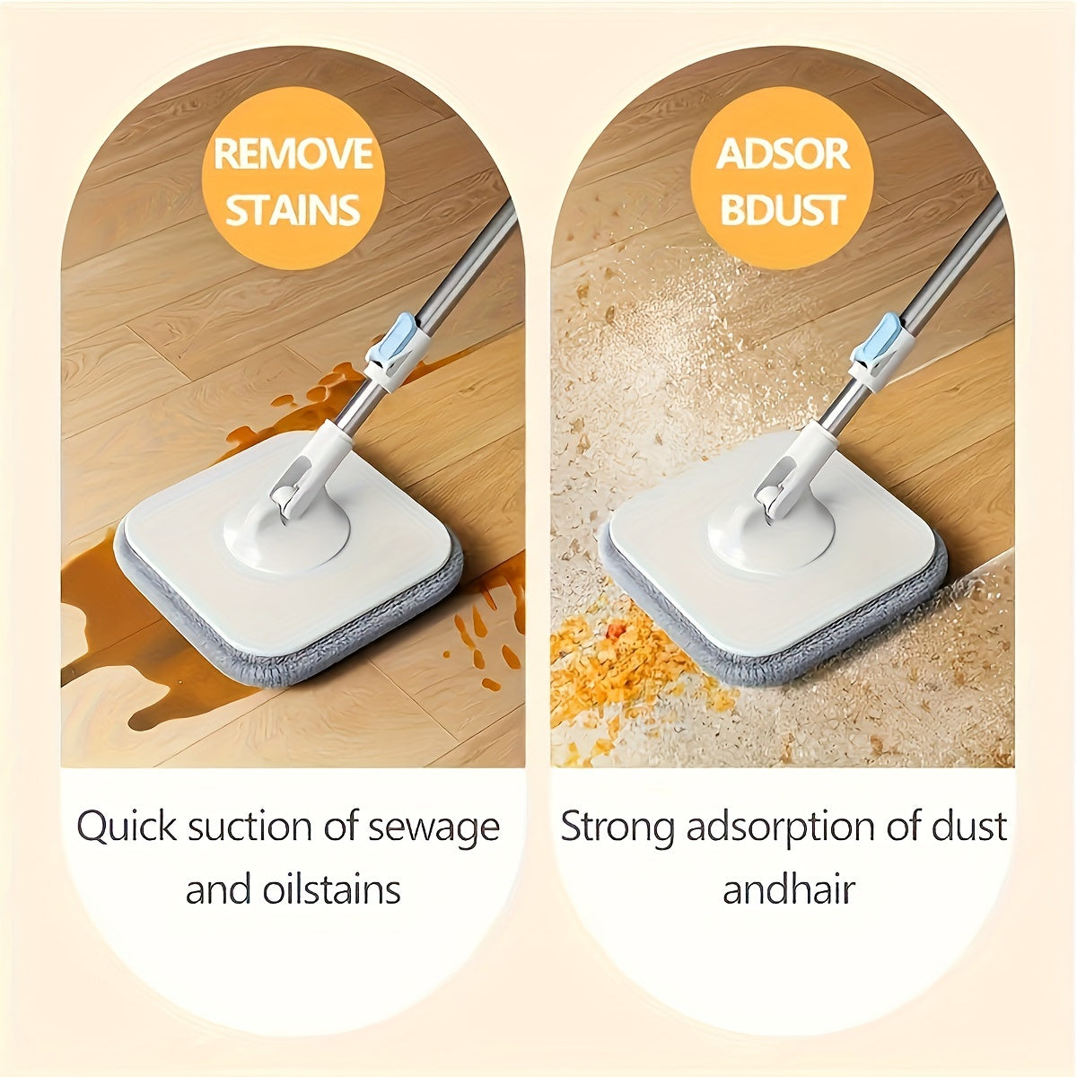 Achieve Effortless Cleaning with Stainless Steel Flat Mop and Bucket Set, featuring Dirt-Separating Bucket and No-Hand Wash System. This efficient centrifugal water throwing set is perfect for use in the home, including living room, bedroom, bathroom