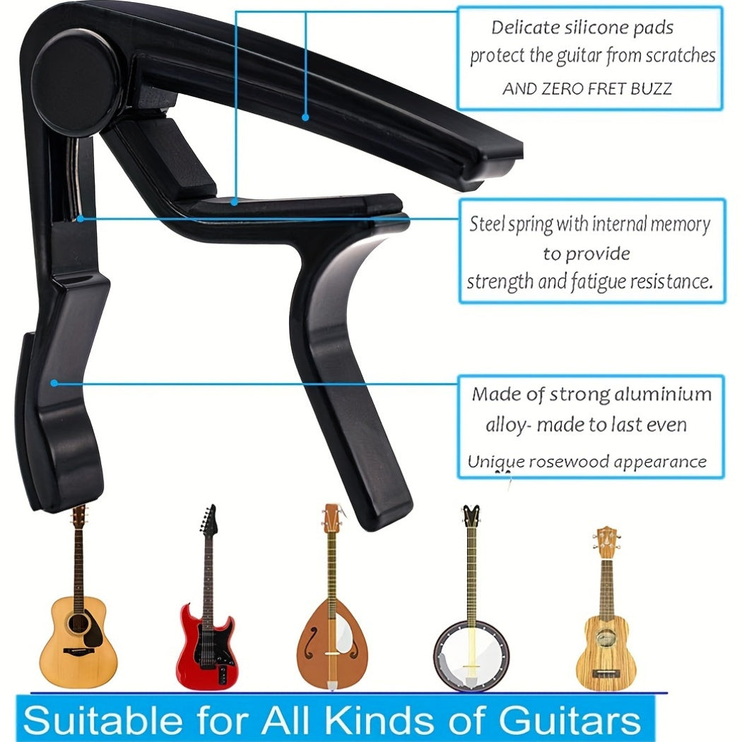 Akustik va elektr gitarlari uchun 5 ta pick va tez o'zgartirish klampi bilan gitara kapo. Bonus gitara picklari kiritilgan.