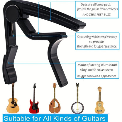 Guitar capo with 5 picks and quick change clamp for acoustic and electric guitars. Includes bonus guitar picks.