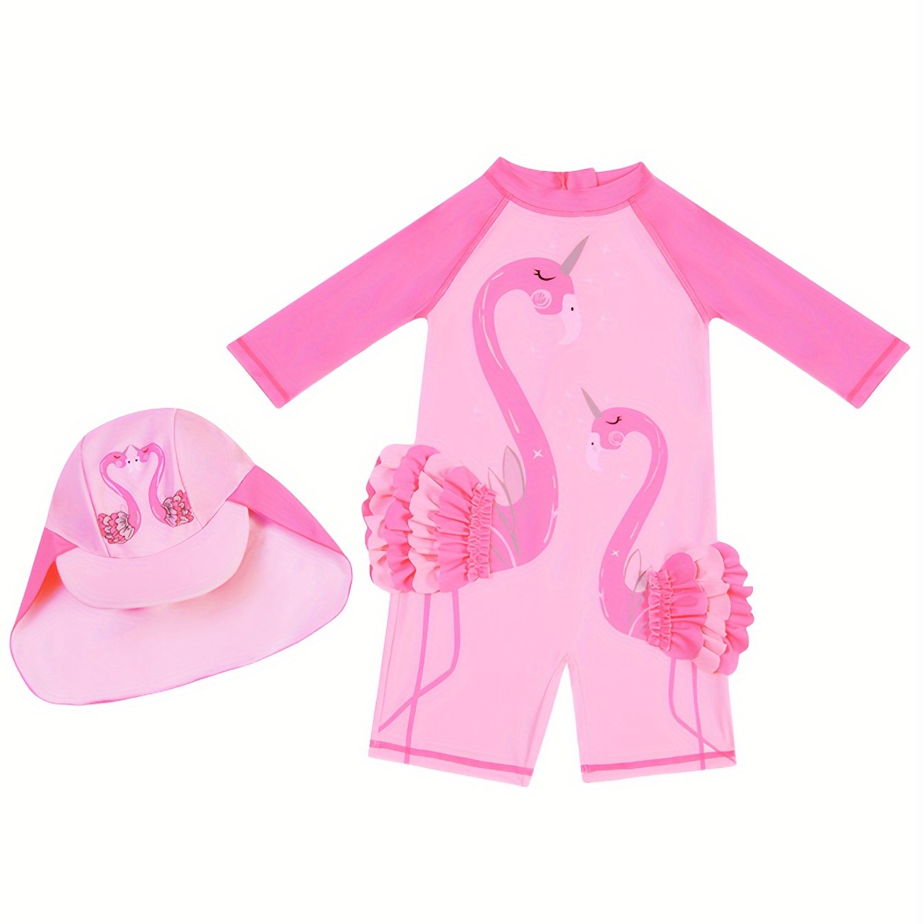 Children's pink flamingo one-piece swimsuit with sun protection, quick-dry polyester blend, high stretch fabric, perfect for ages 12 and under.