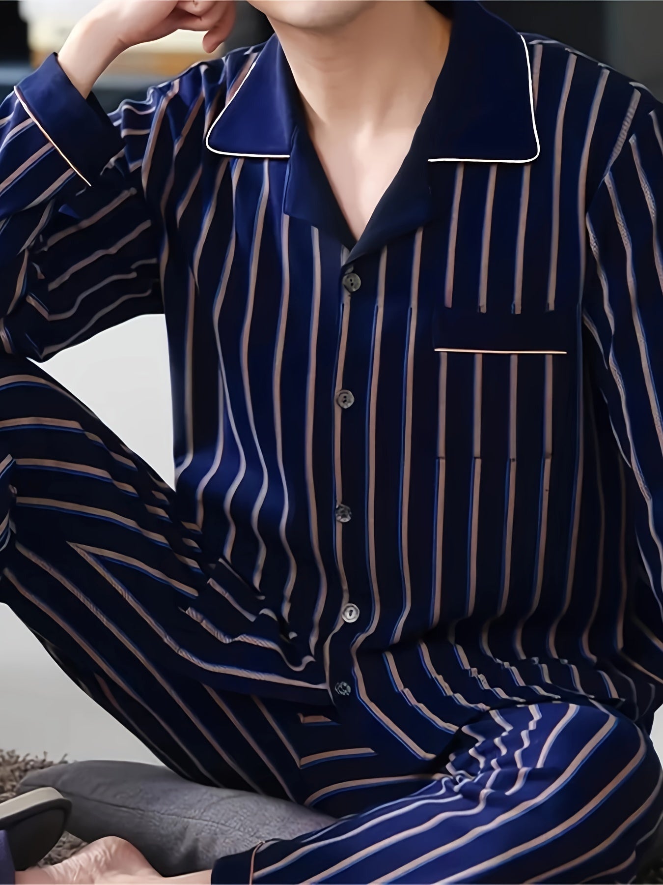 Men's Casual Luxury Pajama Set made of polyester knit fabric with slight stretch, featuring lapel collar and striped design for Fall/Winter.