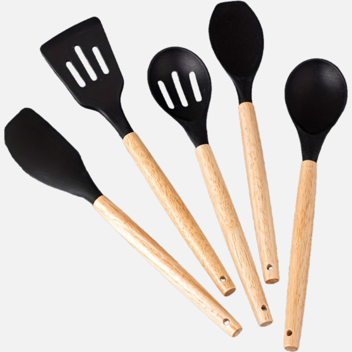 Set of 5 Silicone Kitchen Utensils with Wooden Handles, Non-Stick Cookware, Food-Safe, Easy to Clean Modern Cooking Tools, Must-Have Kitchen Accessories