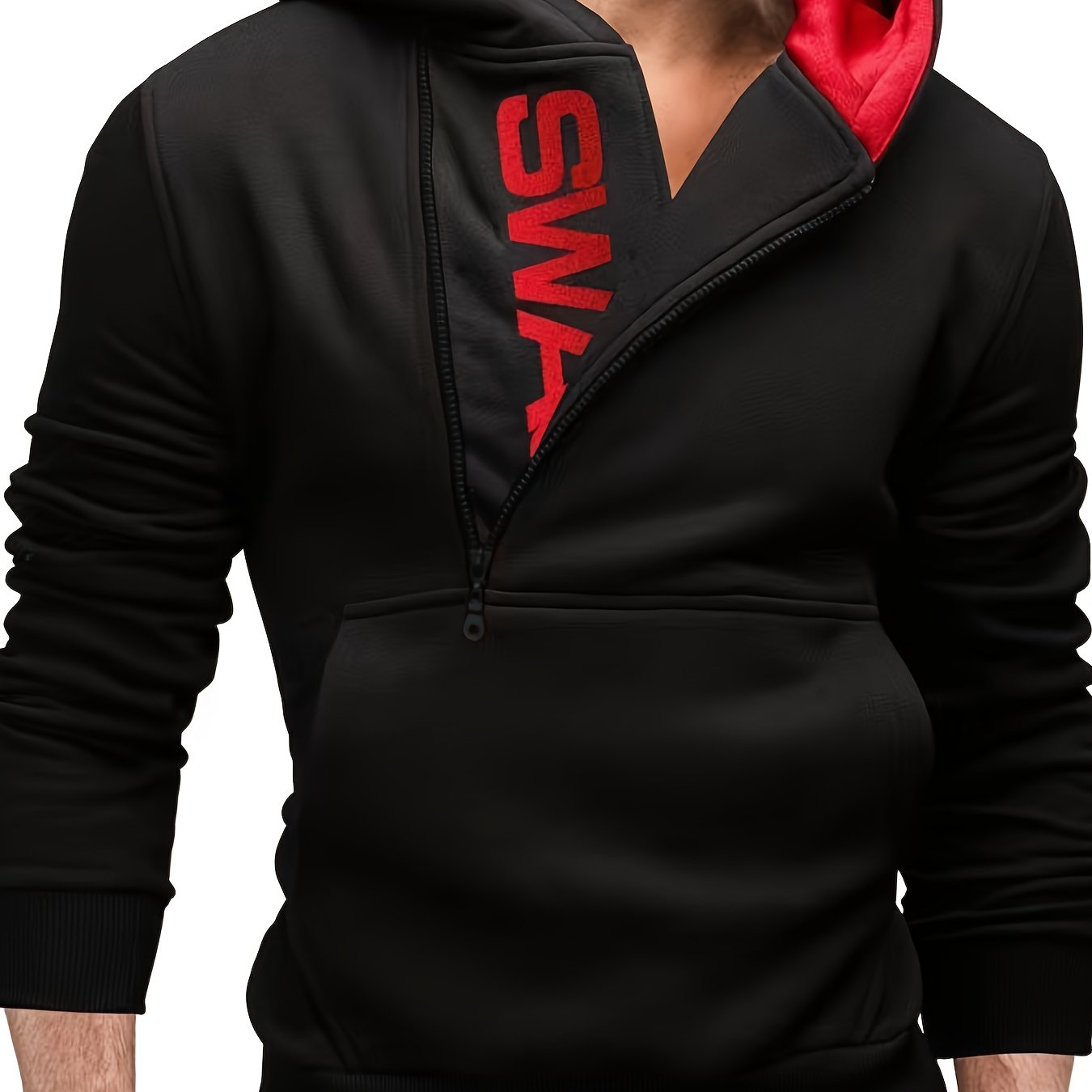 Men's long sleeve letter print hoodies with kangaroo pocket, zipper, and sloped collar. Suitable for outdoor sports in autumn and winter, fashionable and versatile.