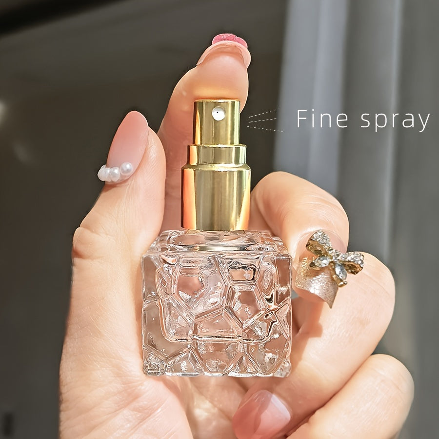 Four stylish square 10ml perfume bottles, perfect for travel, with water cube spray bottles for easy transfer.