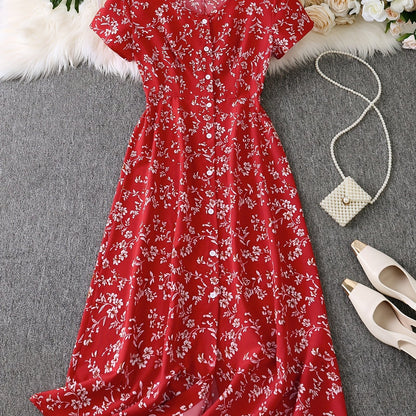 Stylish floral print button-up dress for women.