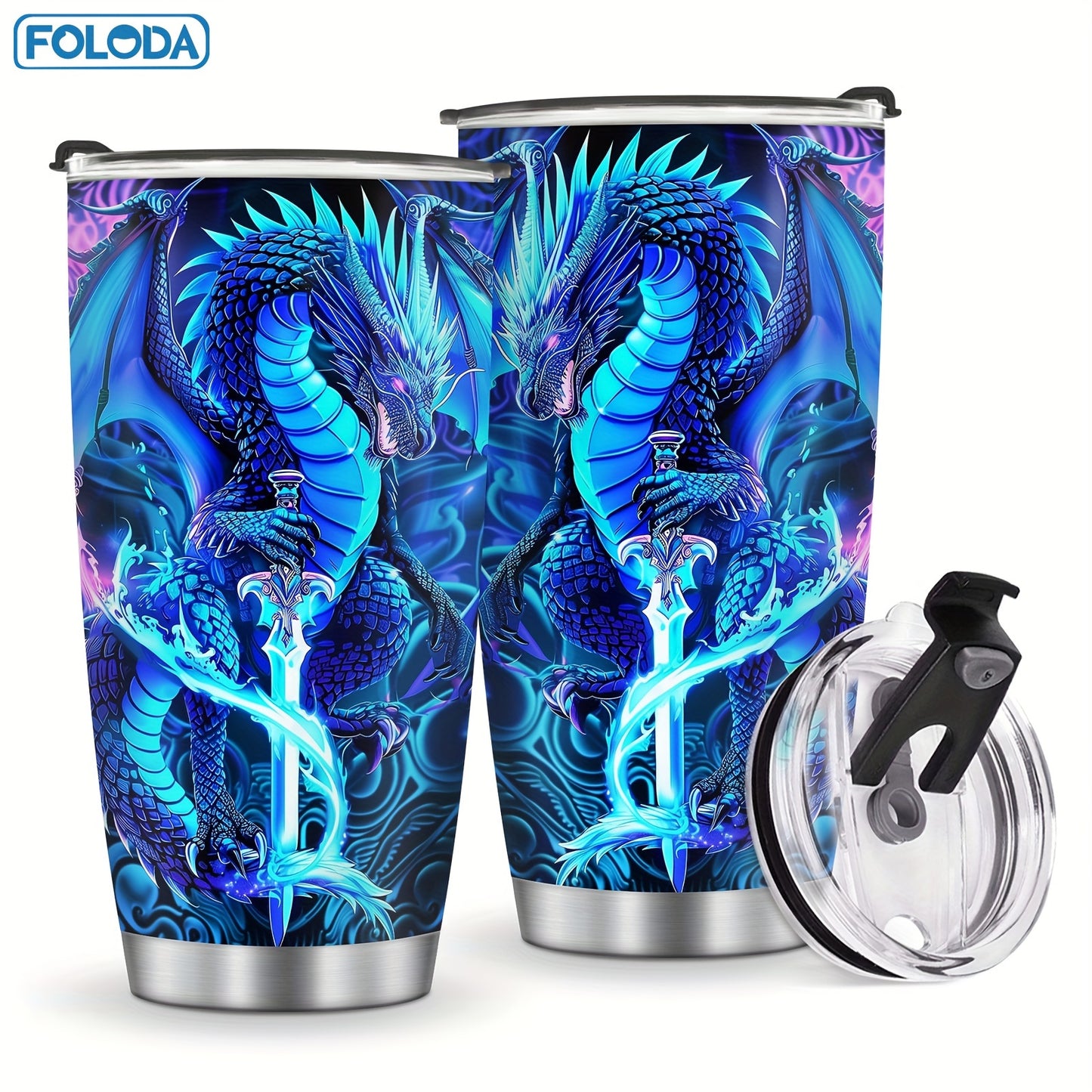 20oz stainless steel tumbler with dragon fairy tale design, ideal for outdoor activities and holidays.