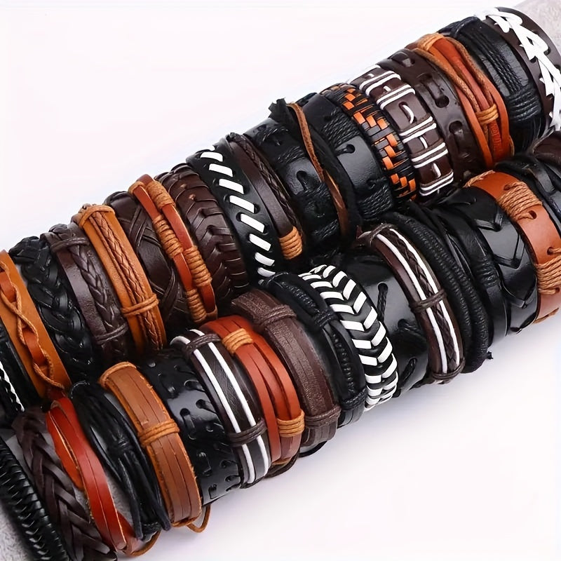 Set of 10, 20, or 30 Faux Leather Bracelets for Men and Women, Perfect for Christmas, Thanksgiving, and New Year Gifts. These Fashionable Retro Black and Brown Alloy Faux Cowhide Woven Bracelets are Adjustable and Stylish.