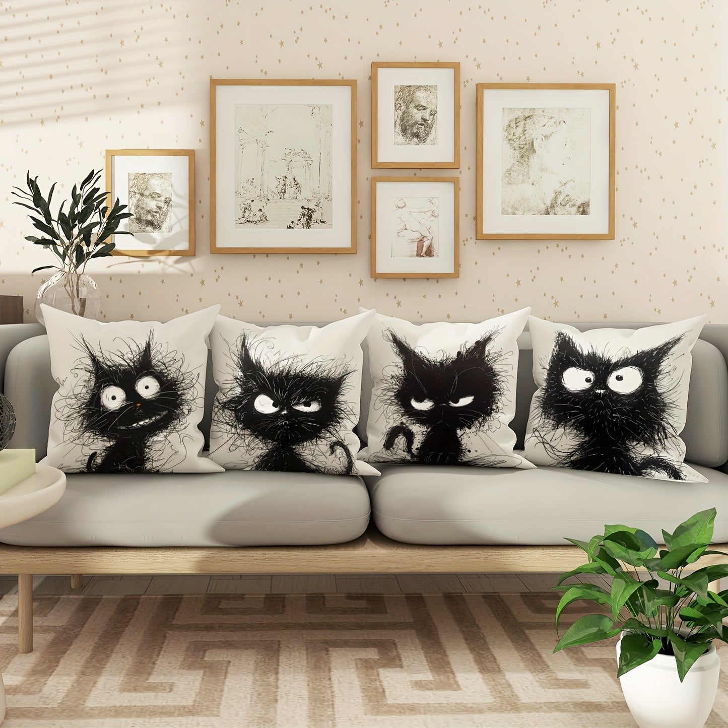 4pcs velvet throw pillow covers featuring funny cat designs in black and white. Perfect for living room or bedroom decoration, measuring 45.72cm*45.72cm, inserts not included.