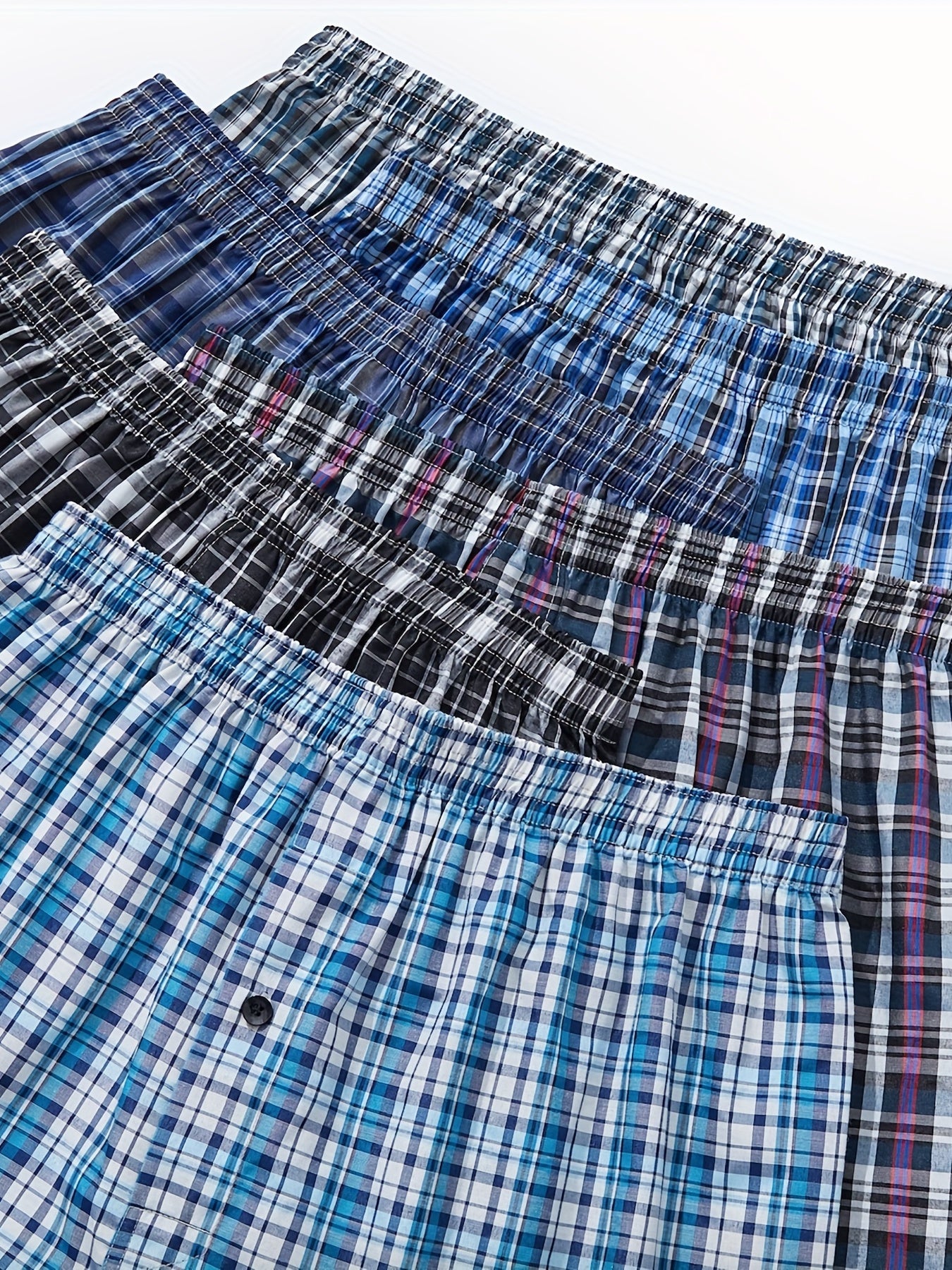 6 JupiterSecret Men's Plaid Boxer Shorts with elastic waistband and button detail.