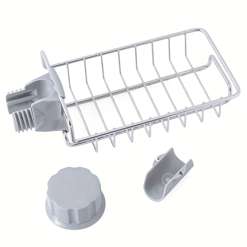 Stainless Steel Faucet Storage Rack for Kitchen Sink Organization - Includes Sponge and Cloth Holder - No Electricity Needed