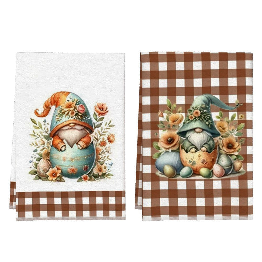 Set of 2 Adorable Easter Gnome and Floral Egg Kitchen Towels - 45.72x66.04cm - Made of Soft and Absorbent Polyester - Features Brown Checkered Borders - Perfect for Adding a Touch of Spring to Your Kitchen or Bathroom - Great for Use as Hand or Face