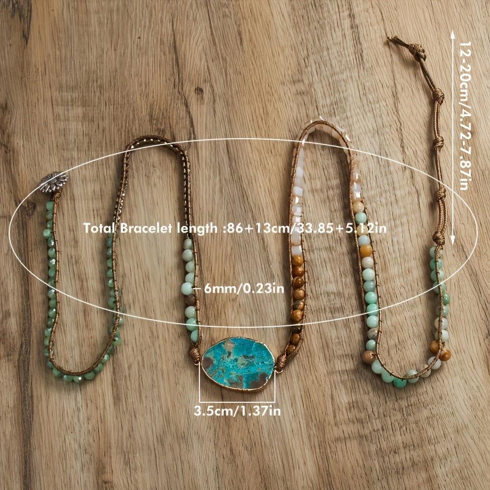 Wrap yourself in Bohemian vacation vibes with this natural stone wrap bracelet. Featuring multiple layers of beaded woven cord, this accessory is perfect for summer days and special gift occasions. Embrace the Thanksgiving holiday theme with this piece