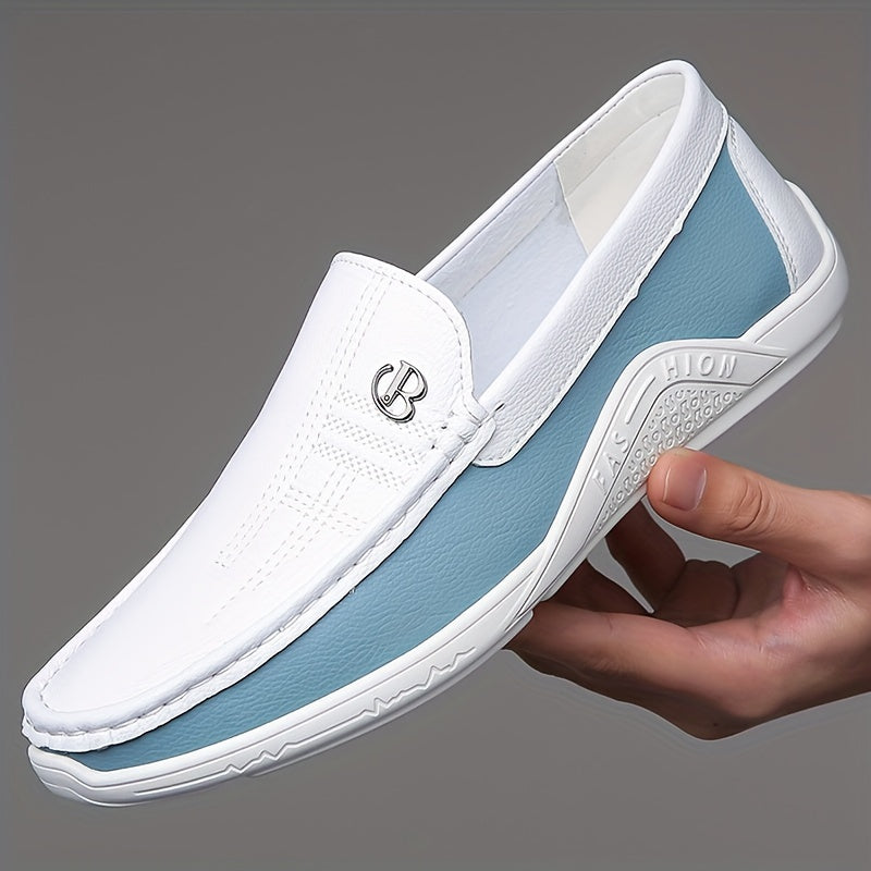 Men's trendy color block slip-on loafers with microfiber upper and durable non-slip rubber sole, perfect for daily wear.