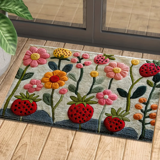 3D Floral Pattern Strawberry Anti-Slip Bath Mat - Made of Ultra Soft Faux Velvet, Absorbent & Stain Resistant Material, Ideal for Bedroom, Bathroom, Kitchen, and Entryway - Easy to Clean in Washing Machine, Adds Fluffy Plush Winter Accent to Home Decor.