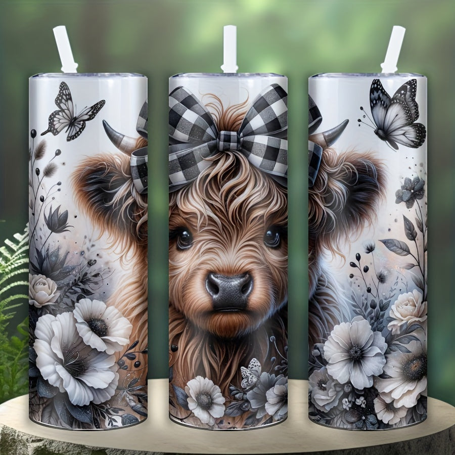 20oz Highland Cow and Floral Themed Stainless Steel Tumbler, perfect for Mother's Day, Father's Day, Birthdays, and Parties - Hand wash only, PVC free (1 Pack).