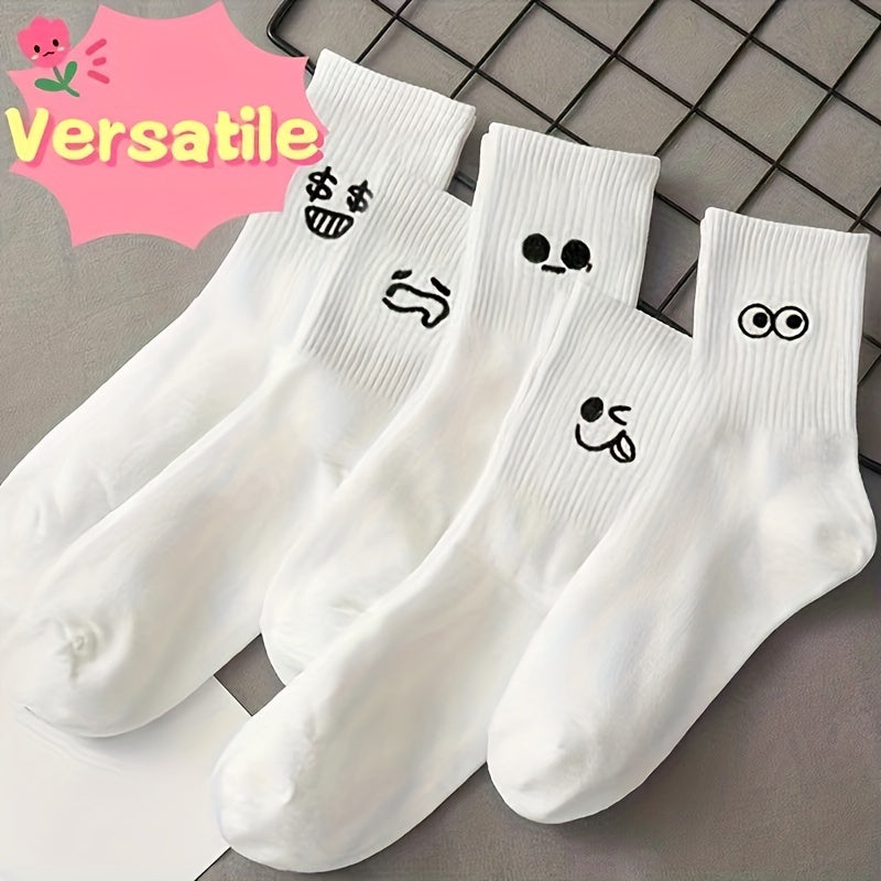 5 pairs of ribbed socks with funny face prints, soft and comfortable for both men and women.